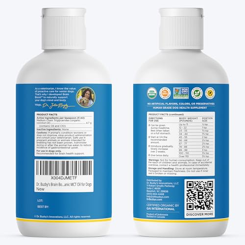 Dr. Buzby’s Brain Boost Organic MCT Oil for Dogs, 16 Oz Human Grade MCTs C8, C10, Senior Dog Dementia, Made from Pure Organic Coconut Oil, Medium Chain Triglyceride Liquid Dog Supplement