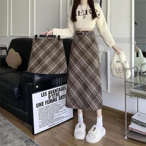 Women's Spring High-Waisted Slim-Fit Hip-Wrapping Plaid Midi A-Line Skirt2