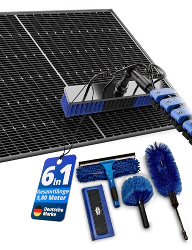 BoomDing Teleskop Waschbürste mit Photovoltaik Schneeschieber 5 8m All-in-One Reinigungsset mit 5 Aufsätzen für PV Anlage Wintergarten Dachrinne & Terrassendach mit Seifenspender