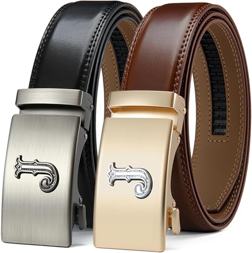 DOOPAI Men's Leather Ratchet Belts 2 Pack Adjustable Click Belt Set for Dress & Casual, Custom Fit 1 3/8