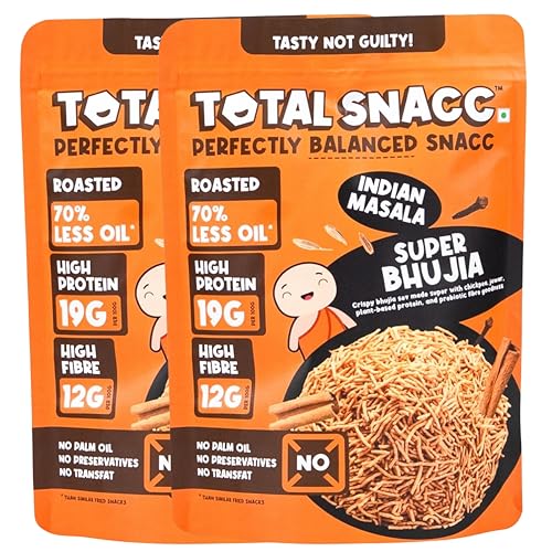 Image of TOTAL SNACC Roasted Bhujia Indian Masala (250g x 2) | High Protein 19g, High Fibre 12g | 70% Less Oil | No Palm Oil | Baked Bhujiya | Healthy Namkeen | High Protein Snacks | Diabetic Friendly | Millet Bhujia | Low Calorie