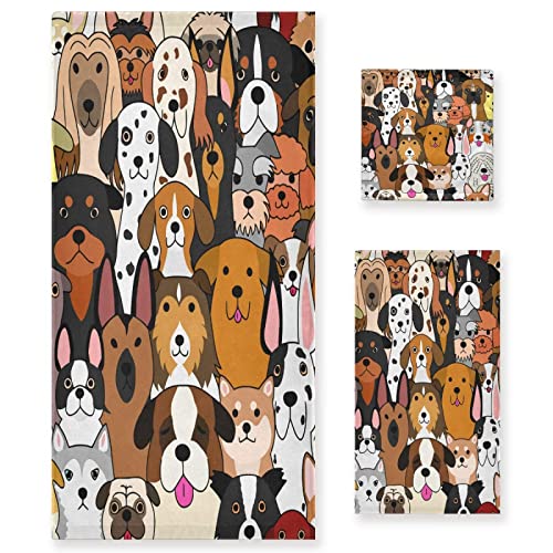 Cute Doodle Dog Print Animal Bath Towel Set Luxury Decorative Set Of 3, 1 Bath Towel 1 Hand Towel 1 Washcloth Soft Multipurpose For For Bathroom Hotel #TOP19