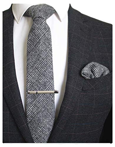 JEMYGINS White and Black Cashmere Wool Necktie and Pocket Square, Hankerchief and Tie Clip Sets for Men (7)