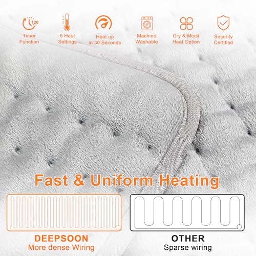 Image of Deepsoon Heating Pad,Electric Heating Pads for Back,Neck,Moist Heating Pad for Abdomen Shoulder Knee Legs,Dry /Moist Heat&Auto Shut Off,Mother's Day Birthday for Men and Women,Light Gray,40x20 Inch