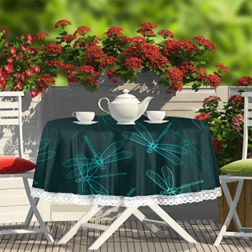 Dragonfly Print Round Tablecloth With Lace Trim Spring Summer Tablecloths Polyester Table Cover Waterproof Wipeable Table Cloth Linen For Kitchen, Fits Tables 60 Inch Diameter #TOP2