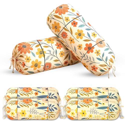 Image of GLUN Pack of 6 Multicolour Flower Printed Round Bolster Pillow Covers, Size 16 inch x 30 inch (40 x 75 cm, Cream) Printed Polyester Silk Fabric for Living Room or Bedroom, Stylish & Modern Covers