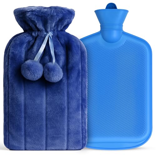 2L Hot Water Bottle with Blue Faux Fur Cover - Hot Water Bottle with Pom Poms for Pain Relief, Hand and Foot Warmer - Luxury, Soft and Washable Hot Water Bag for Hot and Cold Compress