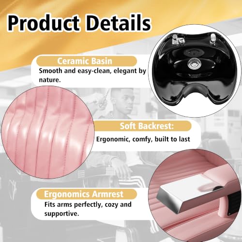 Image of KIGOTY Hair Washing Station,Salon Shampoo Backwash Units for Hairdressing | Pink-Black,Backwash Shampoo Sink Chair,Adjustable Ceramic Bowl, Shampoo Bowl Sink,PU Leather