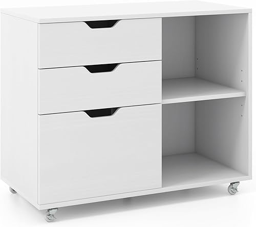 Miniatura 11 de Archivador, archivador blanco con ruedas universales, soporte para impresora de madera con almacenamiento, archivadores rodantes para oficina