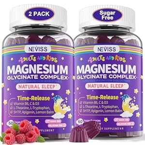 Magnesium Glycinate Gummies for Adults & Kids 4+, Sugar Free Magnesium Bisglycinate Supplement 400/200mg with B6D3, 5HTP, L-Theanine for Sleep & Relaxation, Brain, Muscle, Melatonin Free Gummies,2Pack