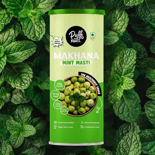 Image of Puffnuts COMBO Of 4 (308g) | Roasted and Flavoured Makhana | Healthy Snack | Namkeen | Puff Nuts | Gluten Free | Cholesterol Free | Protein Rich | Fiber Rich | With Calcium & Magnesium | Roasted in Olive Oil | Pack Of 4 x 77g (Mint Masti, Tangy Tomato, Mexican Chipotle, Cream & Onion)