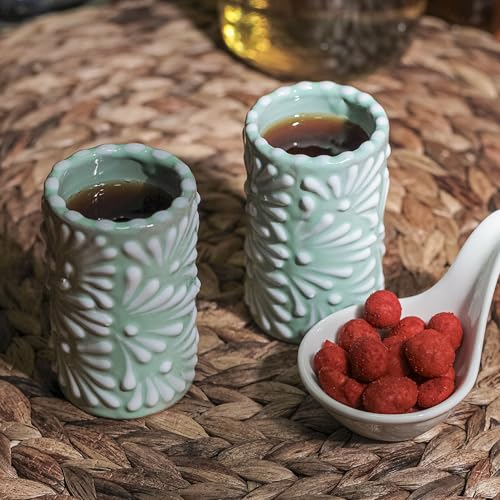 Image of Talavera Shot Glasses Set of 4 Authentic Mexican Tequila Shot Glasses - Hand-painted - 2 Oz (White Brushstroke Mint Background)