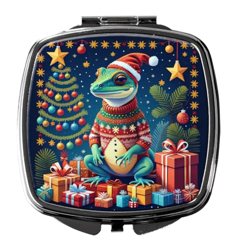 Caroline's Treasures Gecko Christmas Compact Mirror Decorative Travel Makeup Mirror for Women Girls Gifts Pocket Makeup Mirror Folding Handheld
