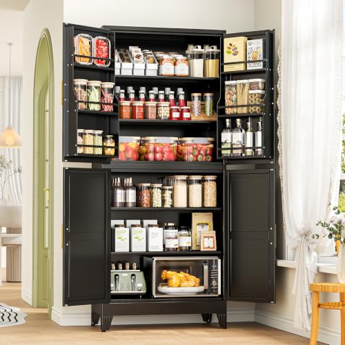 Image of GAIOUS 74.8 inch Tall Metal Food Cabinet, Black Kitchen Pantry Cabinet Cupboard | Food Storage, Kitchen Organizer, Storage Cabinet with 4 Door and 4 Adjustable Shelves, Steel Freestanding, for Dining Living