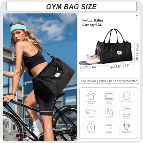 BJLFS Gym Bag Womens Mens with Shoes Compartment and Wet Pocket,Travel Duffel Bag for Women for Plane,Sport Gym Tote Bags with Toiletry Bag,Waterproof Weekend Overnight Bag Carry on Bag Black — view 5