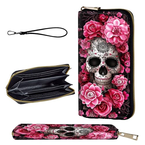 Wallet,Leather Long Wallet Suitable For Ladies And Teenagers - Detachable Wristband + RFID Travel Wallet With Card Slot - Skull with Flowers