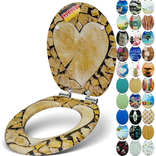 SANFINO® Premium WC Sitz mit Absenkautomatik – hochwertige Toilettendeckel aus Holz, viele bunte Motive, hoher Sitzkomfort, einfache Montage inklusive Montageanleitung – Wood Heart