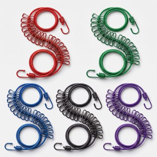 Image of 5 Piece Cloth Drying Rope /Elastic Rope with Hook /12 Clip Elastic Hanging Rope /Stretchable /Clothesline /Portable Cloth Dryer /Kapde Sukhane Ki Rassi /Travel Home Outdoor(Multicolour), Assorted