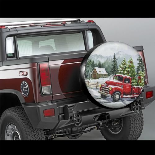 Image of Watercolor Christmas Red Truck Spare Tire Cover for Rv Trailer Camper- Cute Xmas Winter Waterproof Wheel Protectors Cover Universal Fit for Truck SUV Travel New Year Outdoor-14 inch
