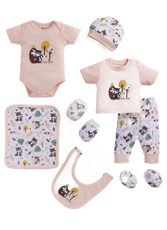 MOON KIDS Newborn Baby Cotton Clothing Gift Set with Romper, Onesie, Top, Pant, Cap, Mittens & Bib (7-piece set) - Peach Fuzz|-image-43