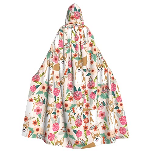 Bxzpzplj Corgi - Capa con capucha para adultos, diseño de flores y flores de primavera y jardín, disfraz de bruja, vampiro, cosplay, fiestas de carnaval