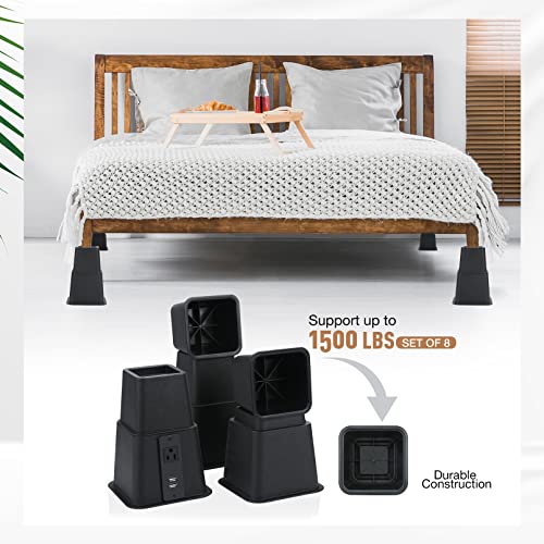 Kakiclay Adjustable Bed Risers With Power Outlet And Usb Ports, Elevation In Heights 3, 5 Or 8 Inch Heavy Duty Bed Lifts Furniture Raisers For Dorm Bed, Table & Sofa, Supports Up To 1500 Lbs, Set Of 4 #TOP5