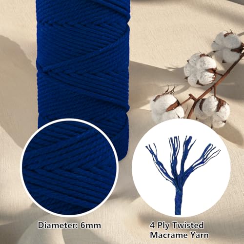 Image of ZUEXT Macrame Cord, Sapphire Blue, 6mm x 109yds Cotton String Macrame Yarn | 100% Natural Handmade, 4 Strands Twisted Cotton Rope, For Wall Hanging Plant Hangers Gift Wrapping Tapestry DIY Crafts, 100m