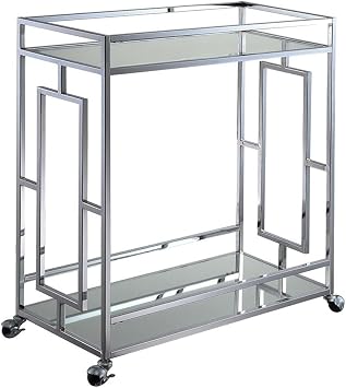 Pemberly Row Modern Bar Cart, Clear Glass and Mirrored Shelves, Chrome Metal Frame, Contemporary Glam Style, 14 x 29.25 x 32.75 in, Rolling Beverage Storage for Kitchen or Dining Room