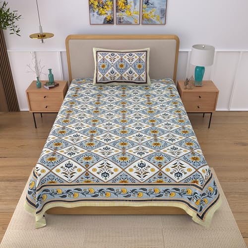 Image of 100% Cotton Single Bedsheet with 1 Pillow Cover | 240 TC Pure Cotton Flat Bed Sheet | Traditional Jaipuri Printed Bedding Set | Soft & Breathable | 60 x 90 Inch (Rangmahal Single 53)