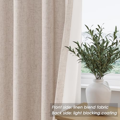 Image of Oatmeal Linen 100% Black Out Curtains 108 Inches Long 2 Panels Set for Bedroom Boho Farmhouse Back Tab Thermal Insulated Energy Efficient Room Darkening Curtains Living Room High Ceiling Length 9 FT