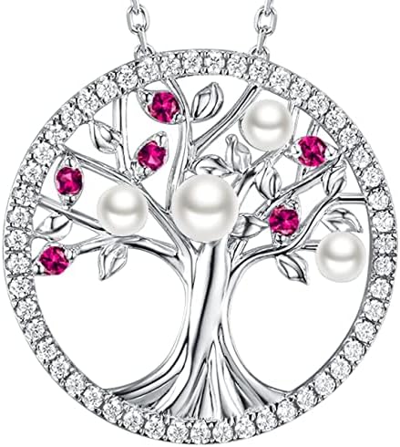Birthday Gifts for Women June July Birthstone Pearl Ruby Necklace for Mom Wife Tree of Life Necklace Sterling Silver Jewelry for Her