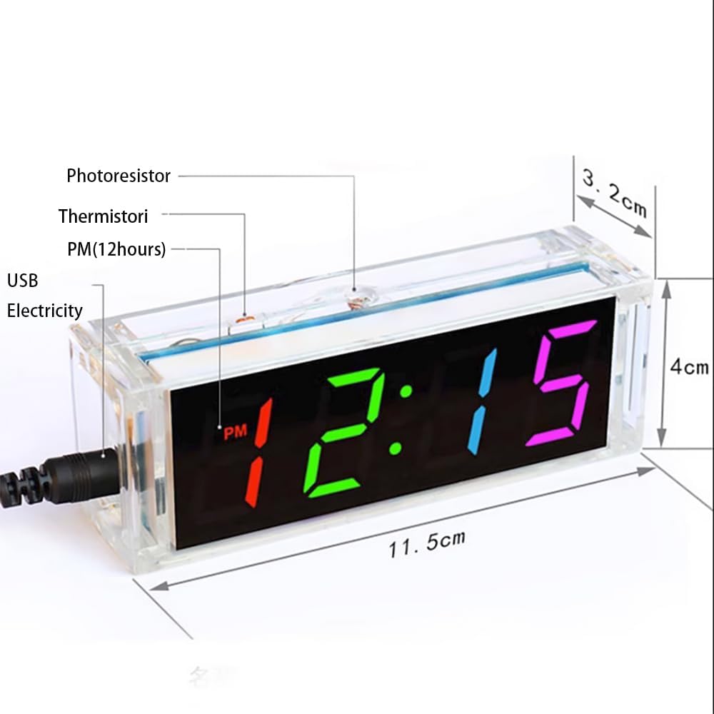 Seite view of the assembled Gikfun EK1973 clock showing its dimensions: 11.5cm length, 4cm height, and 3.2cm width, with labels for USB power, photoresistor, thermistor, and PM indicator.