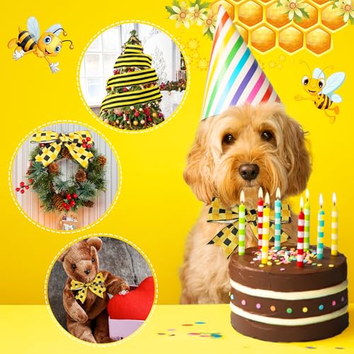 Image of 3 Rolls 15 Yards Burlap Wired Ribbon Christmas Wrapping Farmhouse Craft Ribbon Plaid Striped Dot Pattern for Party Home DIY Crafts Holiday Decoration (Yellow and Black)