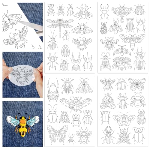 GLOBLELAND 4 Sheets Insect Patterns Stick and Stitch Water Soluble Stabilizer for Embroidery Adhesive Hand Sewing Stabilizers Non-Woven Fabrics Aid Drawing Sketch 11.7x8.3inch