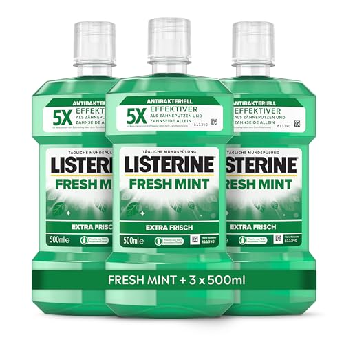 LISTERINE Fresh Mint (500 ml), antibakterielle Mundspülung mit ätherischen Ölen & Minzgeschmack, Mundwasser bietet 24h Schutz vor Zahnbelag, perfekte Ergänzung zur täglichen Zahnpflege (Packung mit 3)