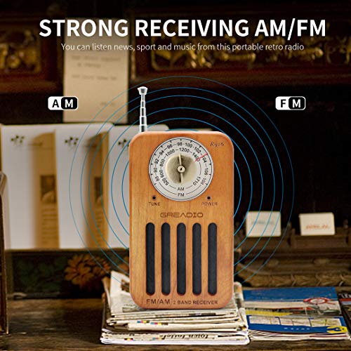 AM/FM Portable Radio, Retro Cherry Wood Pocket Radio with Best Reception, Headphone Jack, Battery Operated Personal Transistor by 2 AA Battery for Jogging, Walking and Travelling