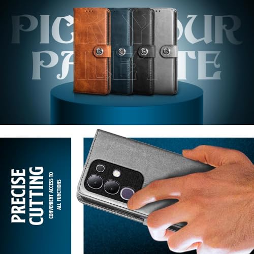 Image of WOW IMAGINE Shock Proof Flip Cover Back Case for Vivo T4x 5G | iQoo Z10x 5G | Vivo Y31 Pro 5G (Magnetic Button Flip Case | Wallet Pockets & Stand | Leather Finish | Stone Grey)