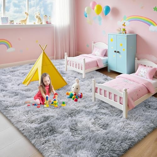 6x9 Rugs for Living Room, Large Fluffy Area Rugs for Bedroom, Soft Carpet Shag Kids Room Rug, Non-Slip Fuzzy Rugs Indoor (Grey Tie-Dyed, 6ft x 9ft)