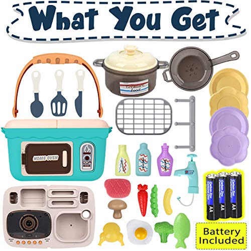Cheffun Play Kitchen Set toys for Kids - Educational Pretend Play Camping Picnic BBQ Sink Toy Cooking Grill Basket with Musical Light Color Changing Food for Toddlers Age 3 4 5 6 7 Year Old Girls Boys