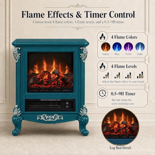 Image of FESTIVITY 18 inch Electric Stove Fireplace, 1500W Thermostat with 5100 BTU Heat Output, Adjustable Flame & Brightness Levels, Portable Electric Fireplace for Bedroom & Living Room-Teal & Silver