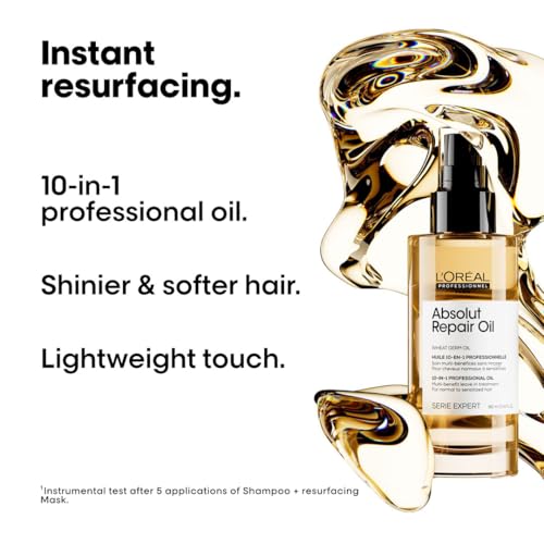 L'Oréal Professionnel Huile de Finition 10-En-1, Cheveux Abîmés à Sur-Sollicité, Nourrit, Protège & Adoucit, Sans Rinçage, Enrichie en Huile de Germe de Blé, Absolut Repair, Serie Expert, 90ml
