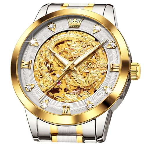 Image of OLEVS Dragon Skeleton Mens Automatic Watch 42MM Large Dial Gold Luxury Self-Winding Diamond Waterproof Stainless Steel Business Tourbillon Mechanical Watches