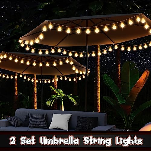 Image of 2 Pack 32 Feet Patio Umbrella Lights, 8 Lighting Modes LED String Lights with 64 Pcs Shatterproof Globe, Remote Control Battery & USB Powered, Waterproof Hanging Light Decorate for Patio