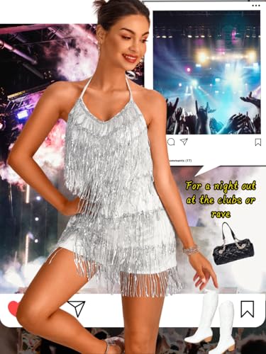 Image of Kaei&Shi Sequin Fringe Romper,Sparkly Glitter Metallic Jumpsuits For Women,Backless Shorts Dress Disco Birthday Dance Outfit