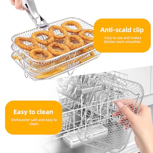 Airfryer Zubehör, 304 Edelstahl Quadratisch Airfryer Zubehör, Rechteckiges Luftfritiergestell-Set, Dreifacher Grill-Dampfeinsatz, Grill, Heißluftfritteuse Zubehör für Air Fryer (21 * 14 * 10cm) – Bild 4