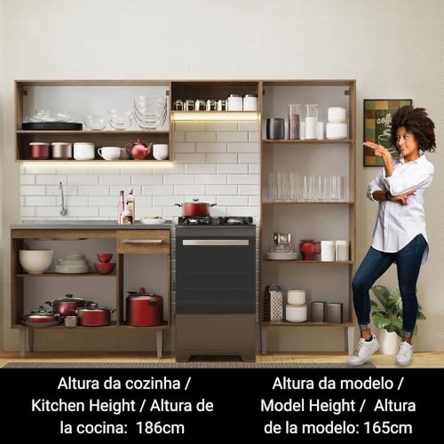 Image of Madesa Engineered Wood Full Modular Kitchen Complete Set with Cabinets, Ample Storage 229 Cm Wide with Multiple Compartments, 4 Cabinets, 2 Pull-Out Drawers, Wall Hang, Includes Sink - Brown