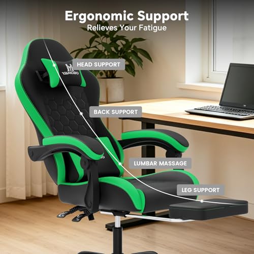 Image of Gaming Chair, Computer Office Chair with Footrest, Adjustable Height & Backrest Gaming Chairs with Swivel for Adults, High Back PU Leather Ergonomic Chair with Lumbar Support, Blackgreen
