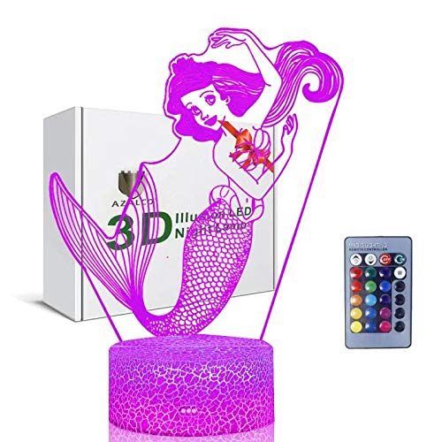 AZALCO Mermaid 3D Night Light for Girls,16 Colors Dimmable Mermaid Table Lamp with Touch Switch Luminous Base & Remote for Kids Birthday Gifts