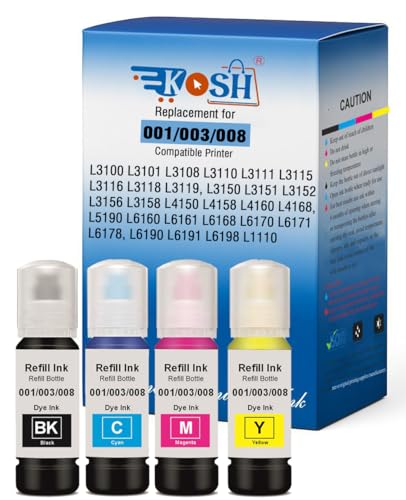 Image of KOSH 003 Refill Ink Compatible for Epson L3110, L3150, L3250, L3252 L3115, L3116, L3101, L3210, L3215, L3216, L3151, L3152, L3156, L5190 Printer (4, 001 /003 /008 Ink Set)