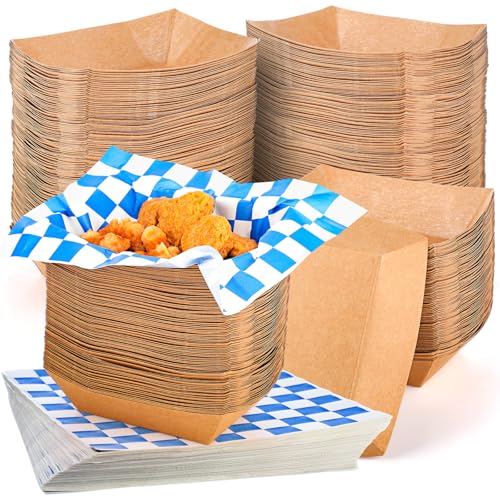 Potchen 1000 Pcs Oktoberfest Paper Food Trays, Disposable Brown 2 lb Food Boats and Oktoberfest Checkered Wax Paper Deli Liner Paper Holds Nacho Taco Hot Dog for Oktoberfest Carnivals